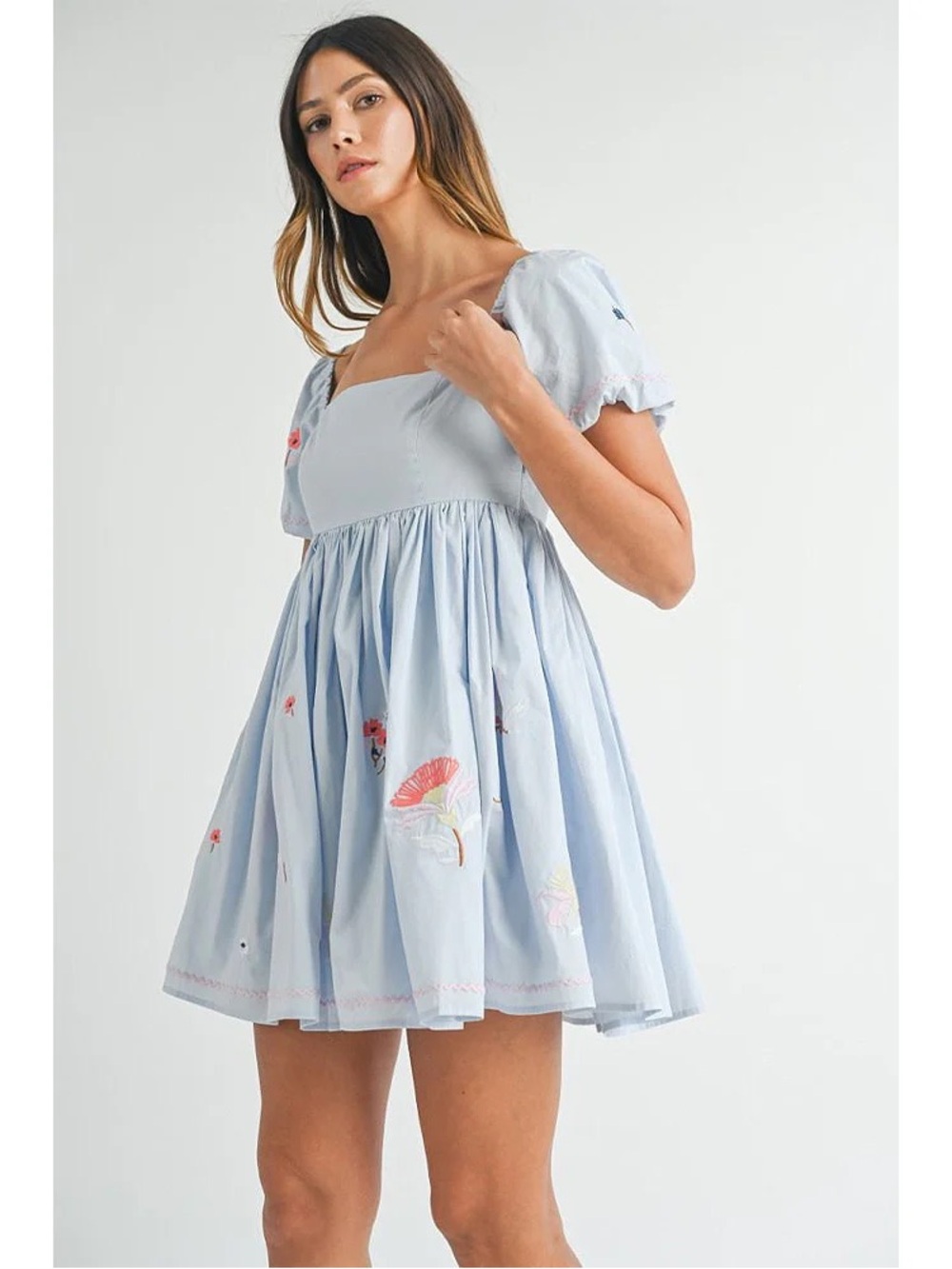 Amable by Mable Light Blue Embroidered Floral Babydoll Dress Sz Small - Picture 3 of 6